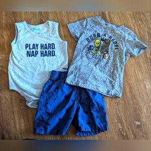 Star Wars shirt, Garanimals onesie, and Okie Dokie bug shorts size 18 months